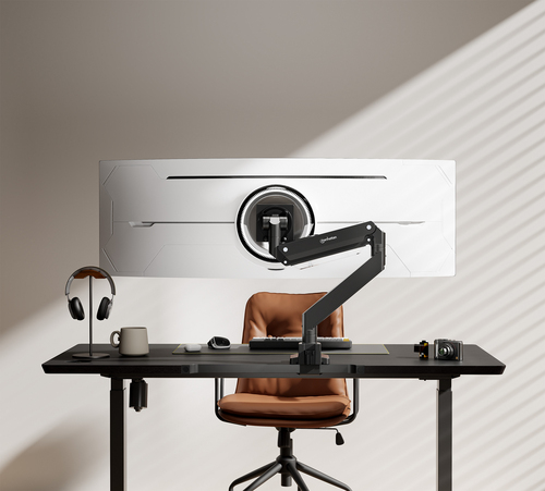 Manhattan Bureaubeugel voor TV’s en monitoren (Volledig Verstelbaar met gasveer), voor schermen 13"–42", met tafelklem of bladdoorvoer, VESA-compatibiliteit: van 75x75 tot 200x200 mm (controleer de afmetingen van de vier montagegaten aan de achterzijde)
