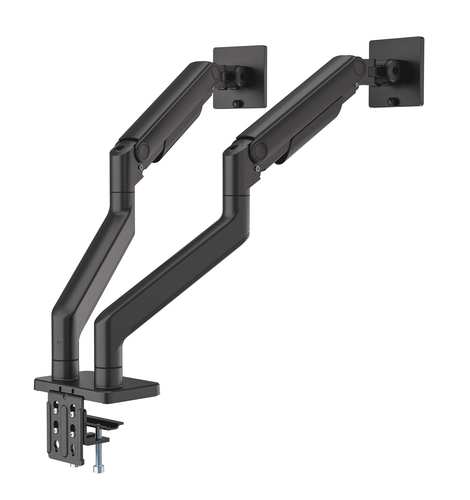 Manhattan Bureaubeugel voor 2 TV’s en monitoren (Volledig Verstelbaar met veer), voor schermen 13"–45", met tafelklem of bladdoorvoer, VESA-compatibiliteit: 75x75 en 100x100 mm (controleer de afmetingen van de vier montagegaten aan de achterzijde)