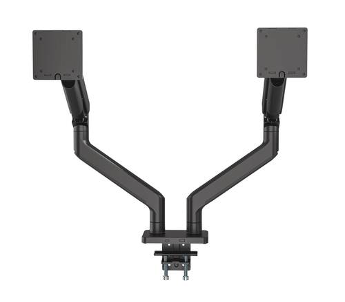 Manhattan Bureaubeugel voor 2 TV’s en monitoren (Volledig Verstelbaar met veer), voor schermen 13"–45", met tafelklem of bladdoorvoer, VESA-compatibiliteit: 75x75 en 100x100 mm (controleer de afmetingen van de vier montagegaten aan de achterzijde)