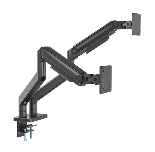 Manhattan Bureaubeugel voor 2 TV’s en monitoren (Volledig Verstelbaar met veer), voor schermen 13"–45", met tafelklem of bladdoorvoer, VESA-compatibiliteit: 75x75 en 100x100 mm (controleer de afmetingen van de vier montagegaten aan de achterzijde)
