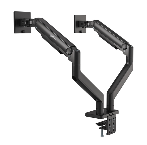 Manhattan Bureaubeugel voor 2 TV’s en monitoren (Volledig Verstelbaar met veer), voor schermen 13"–45", met tafelklem of bladdoorvoer, VESA-compatibiliteit: 75x75 en 100x100 mm (controleer de afmetingen van de vier montagegaten aan de achterzijde)