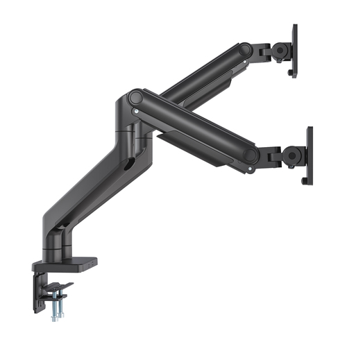 Manhattan Bureaubeugel voor 2 TV’s en monitoren (Volledig Verstelbaar met veer), voor schermen 13"–45", met tafelklem of bladdoorvoer, VESA-compatibiliteit: 75x75 en 100x100 mm (controleer de afmetingen van de vier montagegaten aan de achterzijde)