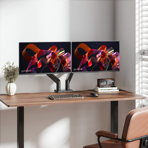 Manhattan Bureaubeugel voor 2 TV’s en monitoren (Volledig Verstelbaar met veer), voor schermen 13"–45", met tafelklem of bladdoorvoer, VESA-compatibiliteit: 75x75 en 100x100 mm (controleer de afmetingen van de vier montagegaten aan de achterzijde)