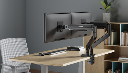 Manhattan Bureaubeugel voor 2 TV’s en monitoren (Volledig Verstelbaar met veer), voor schermen 13"–45", met tafelklem of bladdoorvoer, VESA-compatibiliteit: 75x75 en 100x100 mm (controleer de afmetingen van de vier montagegaten aan de achterzijde)