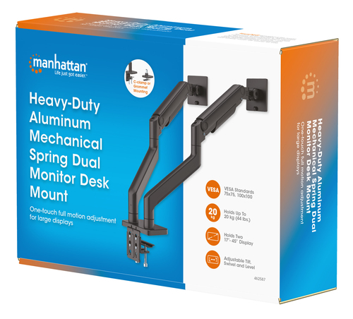 Manhattan Bureaubeugel voor 2 TV’s en monitoren (Volledig Verstelbaar met veer), voor schermen 13"–45", met tafelklem of bladdoorvoer, VESA-compatibiliteit: 75x75 en 100x100 mm (controleer de afmetingen van de vier montagegaten aan de achterzijde)