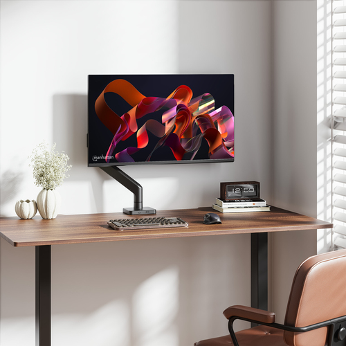 Manhattan Bureaubeugel voor TV’s en monitoren (Volledig Verstelbaar met veer), voor schermen 13"–42", met tafelklem of bladdoorvoer, VESA-compatibiliteit: van 75x75 tot 200x200 mm (controleer de afmetingen van de vier montagegaten aan de achterzijde), max. 20 kg