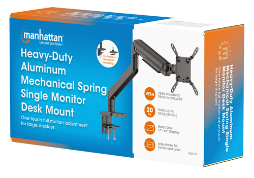 Manhattan Bureaubeugel voor TV’s en monitoren (Volledig Verstelbaar met veer), voor schermen 13"–42", met tafelklem of bladdoorvoer, VESA-compatibiliteit: van 75x75 tot 200x200 mm (controleer de afmetingen van de vier montagegaten aan de achterzijde), max. 20 kg