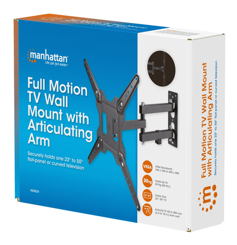 Manhattan Wandbeugel voor TV’s en monitoren (Volledig Verstelbaar), voor schermen 32–55", VESA-compatibiliteit: van 100x100 tot 400x400 mm (controleer de afmetingen van de vier montagegaten aan de achterzijde), max 30 kg, zwart