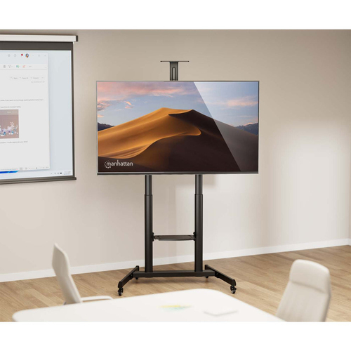 Manhattan Trolley voor TV’s en monitoren (met slinger), voor schermen 37"–120", VESA-compatibiliteit: van 200x200 tot 1000x600 mm (controleer de afmetingen van de vier montagegaten aan de achterzijde), max. 120 kg, hoogte 1180–1630 mm, zwart