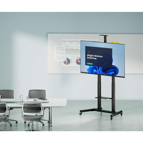 Manhattan Trolley voor TV’s en monitoren (met slinger), voor schermen 37"–120", VESA-compatibiliteit: van 200x200 tot 1000x600 mm (controleer de afmetingen van de vier montagegaten aan de achterzijde), max. 120 kg, hoogte 1180–1630 mm, zwart