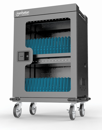 Manhattan USB-C laadtrolley (laadkast) voor 32 apparaten (iPad tot 13", MacBook Air tot 15", Chromebook tot 15,6"), ook voor tablets en smartphones, vakken 404×27,6×283 mm, laadkabels niet inbegrepen (USB-C-kabel 354868 aanbevolen), afsluitbaar