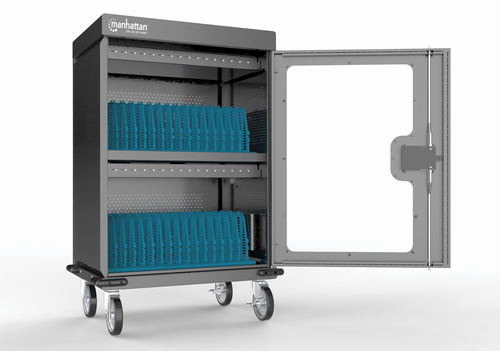 Manhattan USB-C laadtrolley (laadkast) voor 32 apparaten (iPad tot 13", MacBook Air tot 15", Chromebook tot 15,6"), ook voor tablets en smartphones, vakken 404×27,6×283 mm, laadkabels niet inbegrepen (USB-C-kabel 354868 aanbevolen), afsluitbaar