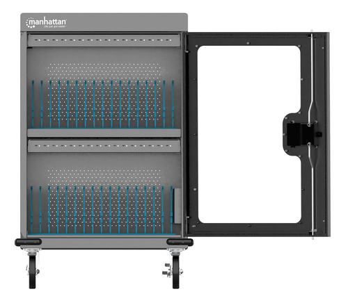 Manhattan USB-C laadtrolley (laadkast) voor 32 apparaten (iPad tot 13", MacBook Air tot 15", Chromebook tot 15,6"), ook voor tablets en smartphones, vakken 404×27,6×283 mm, laadkabels niet inbegrepen (USB-C-kabel 354868 aanbevolen), afsluitbaar