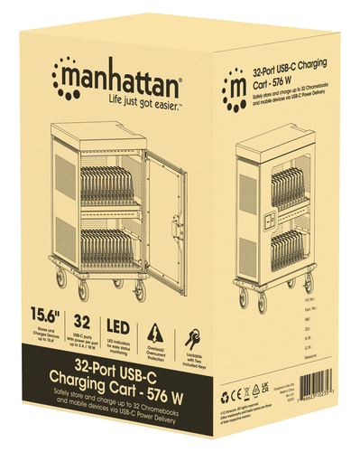 Manhattan USB-C laadtrolley (laadkast) voor 32 apparaten (iPad tot 13", MacBook Air tot 15", Chromebook tot 15,6"), ook voor tablets en smartphones, vakken 404×27,6×283 mm, laadkabels niet inbegrepen (USB-C-kabel 354868 aanbevolen), afsluitbaar