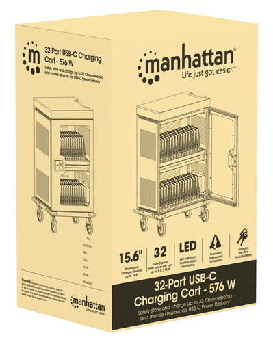 Manhattan USB-C laadtrolley (laadkast) voor 32 apparaten (iPad tot 13", MacBook Air tot 15", Chromebook tot 15,6"), ook voor tablets en smartphones, vakken 404×27,6×283 mm, laadkabels niet inbegrepen (USB-C-kabel 354868 aanbevolen), afsluitbaar