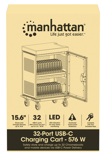 Manhattan USB-C laadtrolley (laadkast) voor 32 apparaten (iPad tot 13", MacBook Air tot 15", Chromebook tot 15,6"), ook voor tablets en smartphones, vakken 404×27,6×283 mm, laadkabels niet inbegrepen (USB-C-kabel 354868 aanbevolen), afsluitbaar