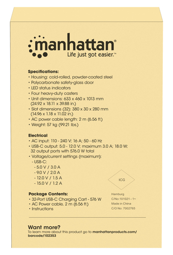 Manhattan USB-C laadtrolley (laadkast) voor 32 apparaten (iPad tot 13", MacBook Air tot 15", Chromebook tot 15,6"), ook voor tablets en smartphones, vakken 404×27,6×283 mm, laadkabels niet inbegrepen (USB-C-kabel 354868 aanbevolen), afsluitbaar