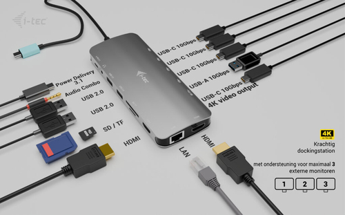 i-tec Metal USB-C Nano 3x Display Dock, 2x HDMI 1x USB-C video with Power Delivery 140W + Universal Charger 140 W