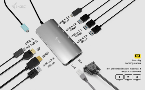 i-tec USB-C Metal Nano 3x Display (DP, HDMI and VGA) Docking Station + Power Delivery 100 W