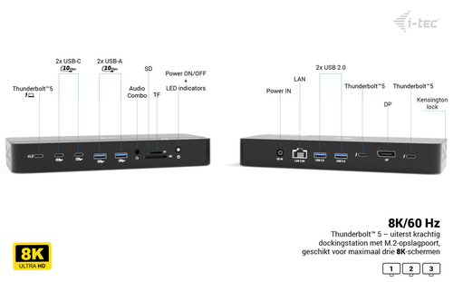 i-tec Thunderbolt 5 Triple Display Docking Station, M.2 slot, 6x USB, 2.5GLAN + Power Delivery 140W