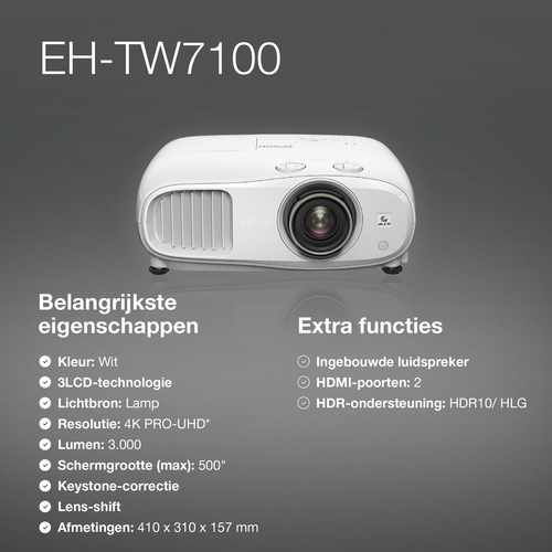Epson EH-TW7100 4K PRO-UHD-projector, 3000 lumen, scherm van maximaal 500 inch