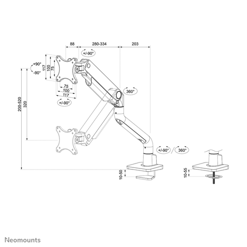 Neomounts DS70S-950WH1 Monitorarm 17-49" - gasveer - Topfix - 180°-stop