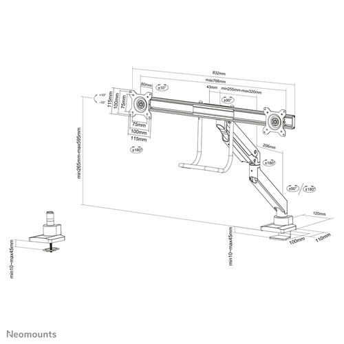 Neomounts NM-D775DXSILVER Monitorarm 10-32" - gasveer - Topfix - 180°-stop