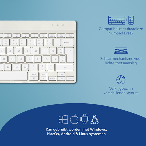 R-Go Tools Ergonomisch toetsenbord R-Go Compact Break, compact toetsenbord met pauzesoftware, QWERTZ (DE), Bluetooth, wit