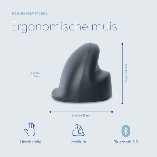 R-Go Tools Verticale muis R-Go HE Basic, ergonomische muis, medium (handlengte 165-185mm), linkshandig, Bluetooth