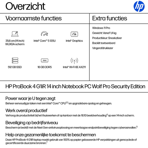 HP ProBook 4 G1iR Intel Core 5 120U Laptop 35,6 cm (14") WUXGA 16 GB DDR5-SDRAM 512 GB SSD Wi-Fi 6E (802.11ax) Windows 11 Pro Zilver QWERTY
