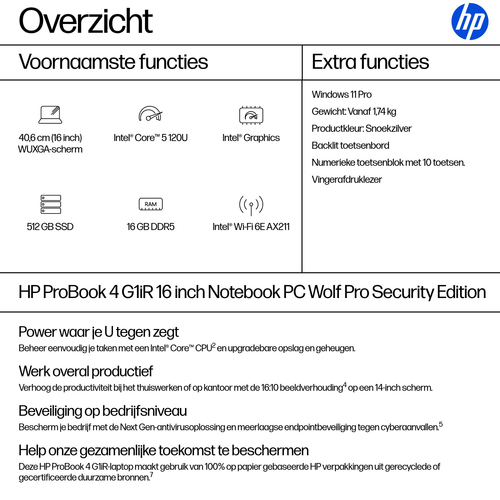 HP ProBook 4 G1iR Intel Core 5 120U Laptop 40,6 cm (16") WUXGA 16 GB DDR5-SDRAM 512 GB SSD Wi-Fi 6E (802.11ax) Windows 11 Pro Zilver QWERTY