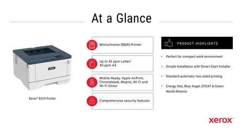 Xerox B310 A4 40 ppm draadloze dubbelzijdige printer PS3 PCL5e/6 2 laden totaal 350 vel UK