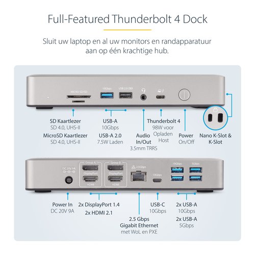 StarTech.com Universeel USB4 & Thunderbolt 4 Docking Station, Quad Display op Windows, Dual Display op MacBook, HDMI DP Dock met 100W Laptop Charging