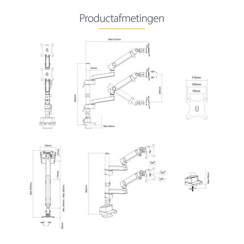 StarTech.com Dubbele Monitor Arm voor Bureaumontage, Full Motion Monitorbeugel voor 2x VESA-displays tot 32" (8kg), Verticale Stapelbare Armen, Hoogte verstelbaar/Articulerend - Bureauklem/Doorvoertule