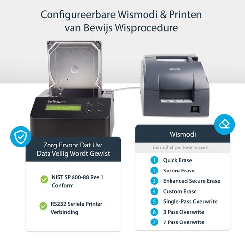 StarTech.com Single Bay Hard Drive Wisser, Standalone HDD/SSD Sanitizer/Eraser, 4Kn, USB 3.0 naar SATA III (6 Gbps), 9 Wismodi, LCD Display, Hard Disk Secure Erase Dock, DB-9 Printer Poort, TAA Compliant