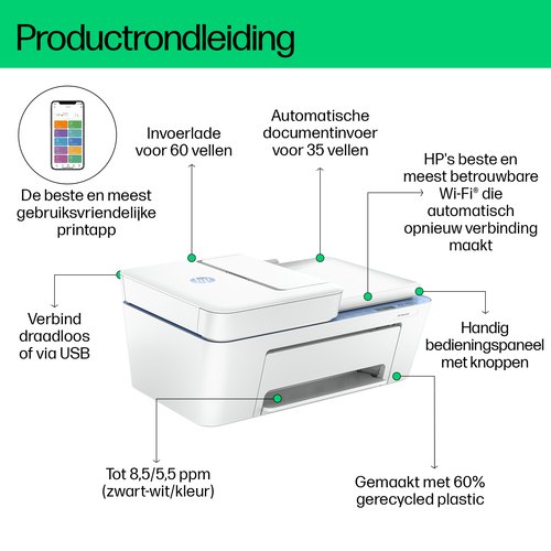 HP DeskJet 4222e Draadloos All-in-One Kleur Printer, Instant Ink; Kopieerapparaat, scanner