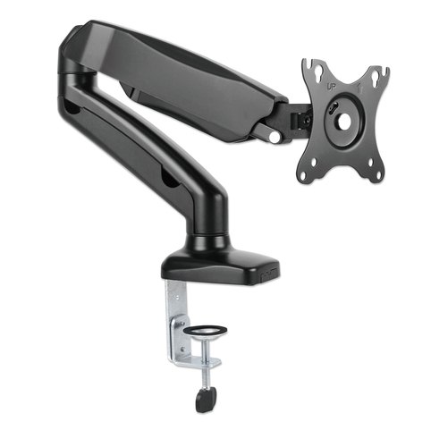 Manhattan Bureaubeugel voor TV’s en monitoren (Volledig Verstelbaar met veer), voor schermen 13"–27", met tafelklem of bladdoorvoer, VESA-compatibiliteit: 75x75 en 100x100 mm (controleer de afmetingen van de vier montagegaten aan de achterzijde), max. 9 kg, zwart