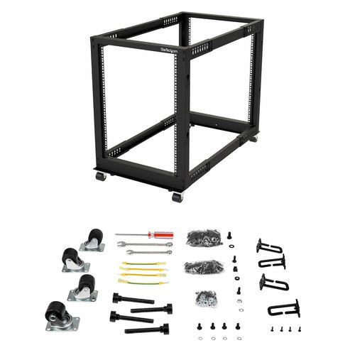 StarTech.com 4-Post 15U Mobiel Open Frame Server Rack, 19" Patchkast met Wielen en 4 Stijlen, Open Serverkast met Verstelbare Diepte voor Computer / AV / Netwerk Apparatuur - Wielen, Stelvoeten of Vloermontage