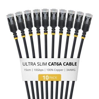 15cm Black Ultra Slim Cat6A 10 Pack