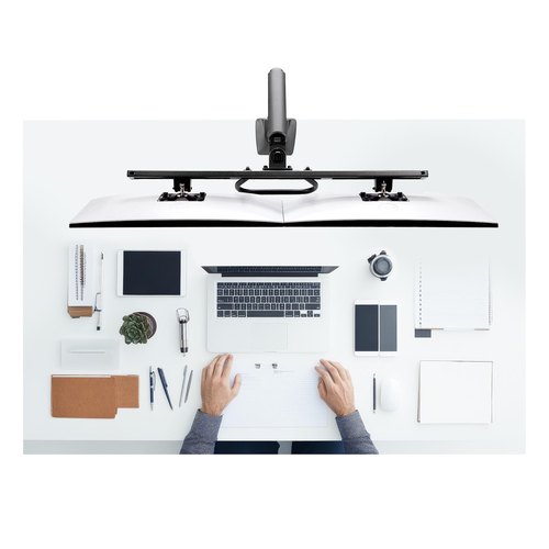 StarTech.com Dual Monitor Arm met Crossbar voor Bureau, Tot 27 inch Schermen, VESA 75x75/100x100, Max 15kg, C-klem, Volledig Scharnierend, Arm met Veermechanisme, TAA