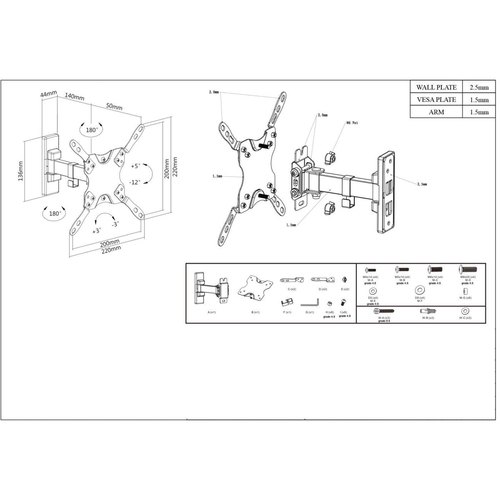 Manhattan Draaibare wandbeugel voor TV’s en monitoren (Kantelen & Zwenken, 2 zwenken), voor schermen 13"–27", VESA-compatibiliteit: van 75×75 tot 200×200 mm (controleer de afmetingen van de vier montagegaten aan de achterzijde), max 30 kg, zwart