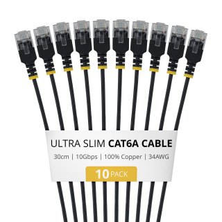 30cm Black Ultra Slim Cat6A 10 Pack