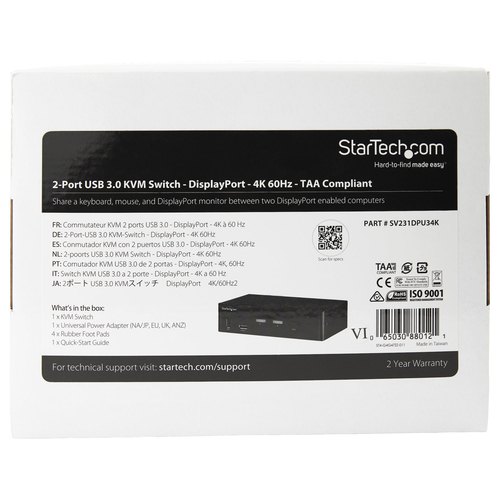 StarTech.com 2 Port DisplayPort KVM Switch, 4K 60Hz, Single Display, Dual Port UHD DP 1.2 USB KVM Switch met Geïntegreerde USB 3.0 Hub & Audio, Dell HP Apple Lenovo, TAA Compliant
