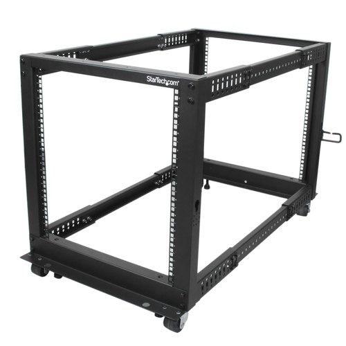 StarTech.com 4-Post 12U Mobiel Open Frame Server Rack, 19" Patchkast met Wielen en 4 Stijlen, Open Serverkast met Verstelbare Diepte voor Computer / AV / Netwerk Apparatuur - Wielen, Stelvoeten of Vloermontage