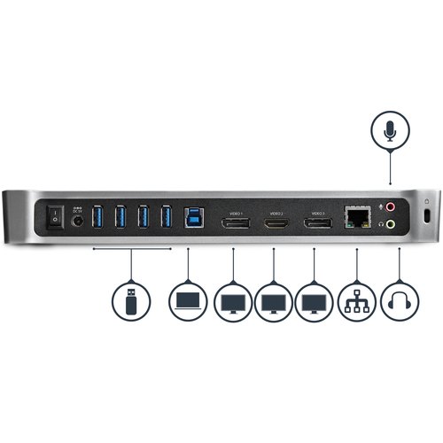 StarTech.com Triple Monitor USB 3.0 Docking Station met 2x 4K DisplayPort & HDMI - 5 Port USB-A Hub (1x Fast-Charge), 3.5mm Audio, GbE - USB Type A Universeel Laptop Dock voor MacOS / Windows