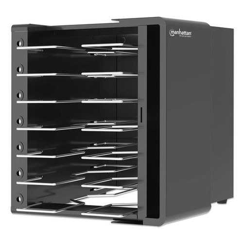 Manhattan Laadkast voor 7 apparaten, laden via interne AC-adapters (EU) (installatie van voedingskabels van apparaten vereist), geschikt voor ALLE laptops tot 16", iPad, MacBook en Chromebook, vakken 402×50×290 mm, afsluitbaar