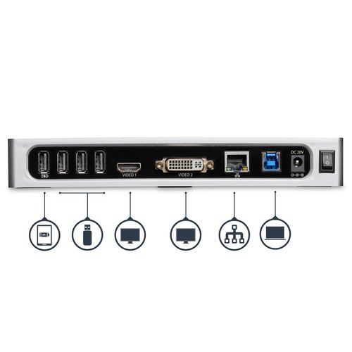 StarTech.com USB 3.0 Docking Station - Dual Monitor Laptop Docking Station met HDMI & DVI/VGA Video - 6-port USB 3.1 Gen 1 5Gbps Hub, GbE, Audio - Universeel USB Type-A Dock - Windows & Mac