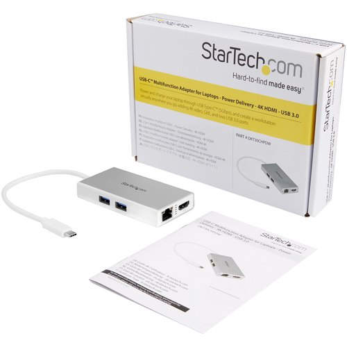 StarTech.com USB-C Multiport Adapter, USB-C Travel Dock met 4K HDMI, 60W Power Delivery Passthrough, GbE, 2pt USB-A 3.0 Hub, USB Type-C Mini Laptop Docking Station, Wit
