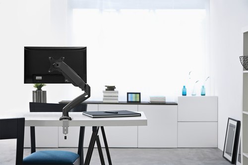 Manhattan Bureaubeugel voor TV’s en monitoren (Volledig Verstelbaar met veer), voor schermen 13"–27", met tafelklem of bladdoorvoer, VESA-compatibiliteit: 75x75 en 100x100 mm (controleer de afmetingen van de vier montagegaten aan de achterzijde), max. 9 kg, zwart