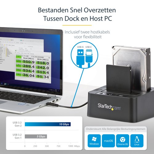StarTech.com Standalone USB 3.1 Hard Drive Cloner, Dual Bay HDD/SSD Kloner/Copier, 10Gbps USB naar SATA III HDD/SSD Docking Station, Harde Schijf Duplicator Dock, Hard Disk Copy
